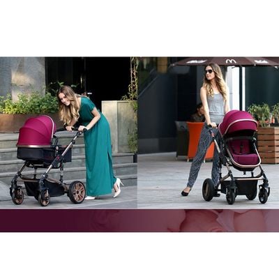 Teknum 3In1 Pram Stroller | Sleeping Bassinet | Extra Wide Seat | Wide Canopy | 360° Rotating Wheels | Fully Reclinable | Car Seat Compatible | Coffee Holder | Spill Proof Mat | Newborn Baby | 0 - 3 Years | Wine + Infant Car Seat